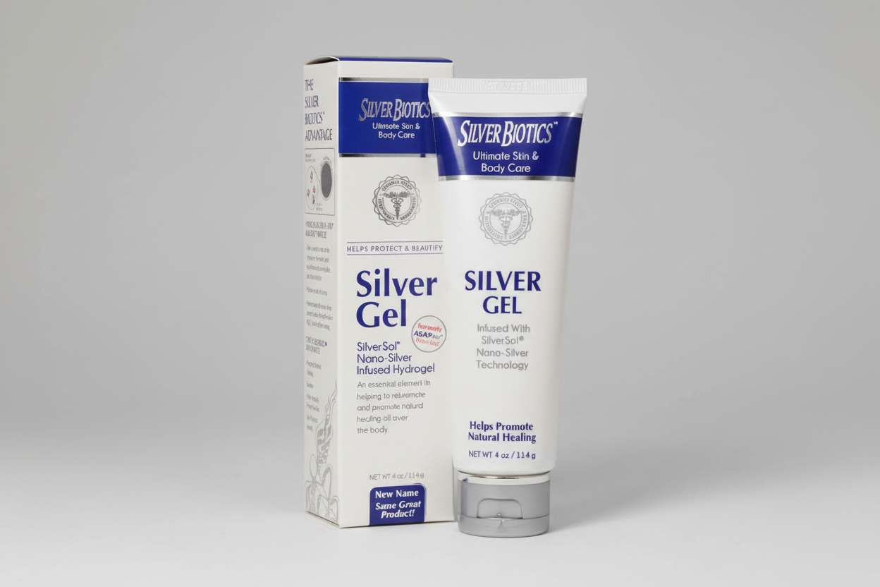 Silver Gel tube and packaging with 'Silver Biotics' branding on a white background