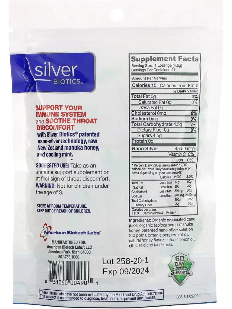 Supplement package with 'Silver Biotics' branding and ingredient list on a white background