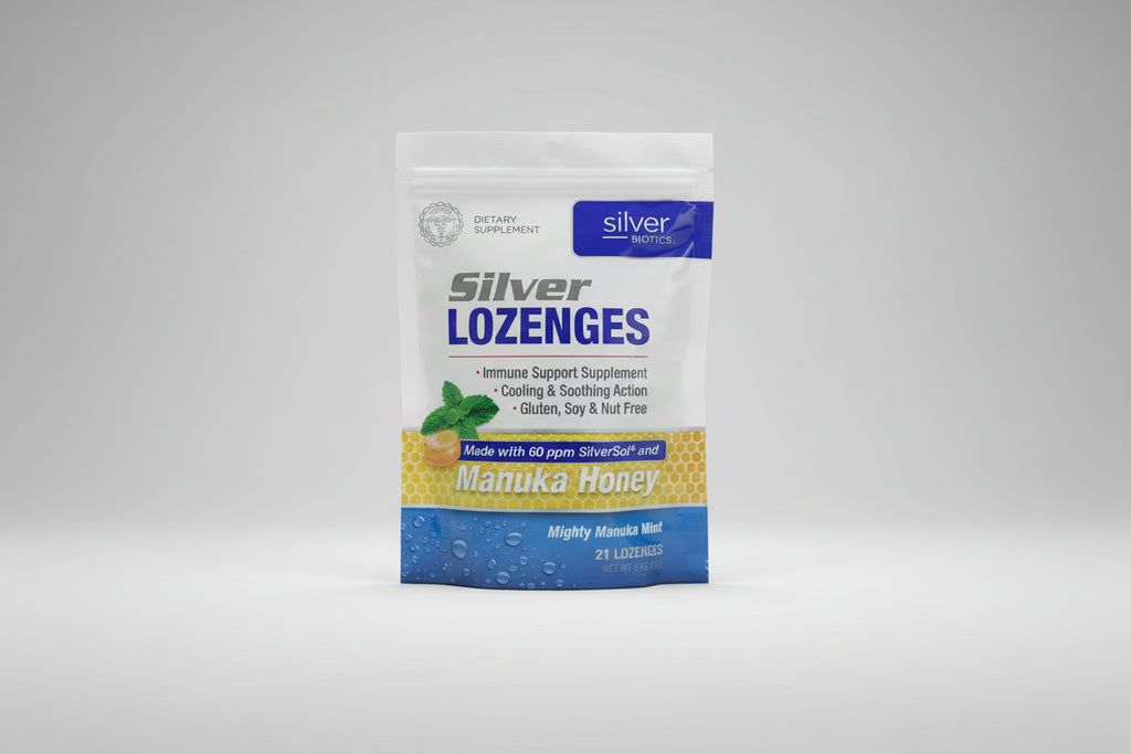 Silver Biotics lozenge package with text about immune support and ingredients.