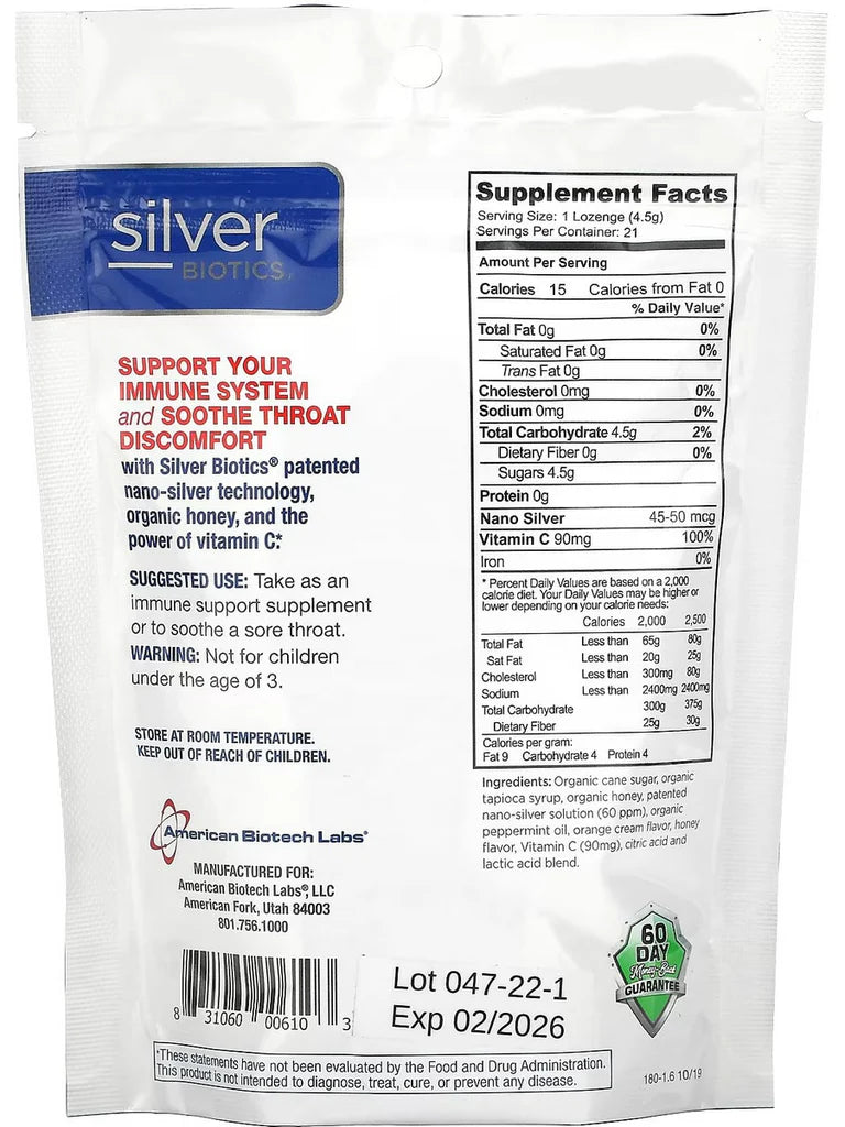 Supplement package with 'Silver Biotics' branding and nutritional information.
