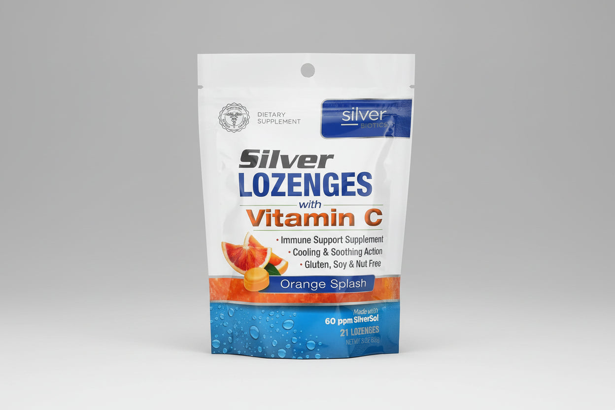 Package of Silver Lozenges with Vitamin C, featuring orange splash flavor.