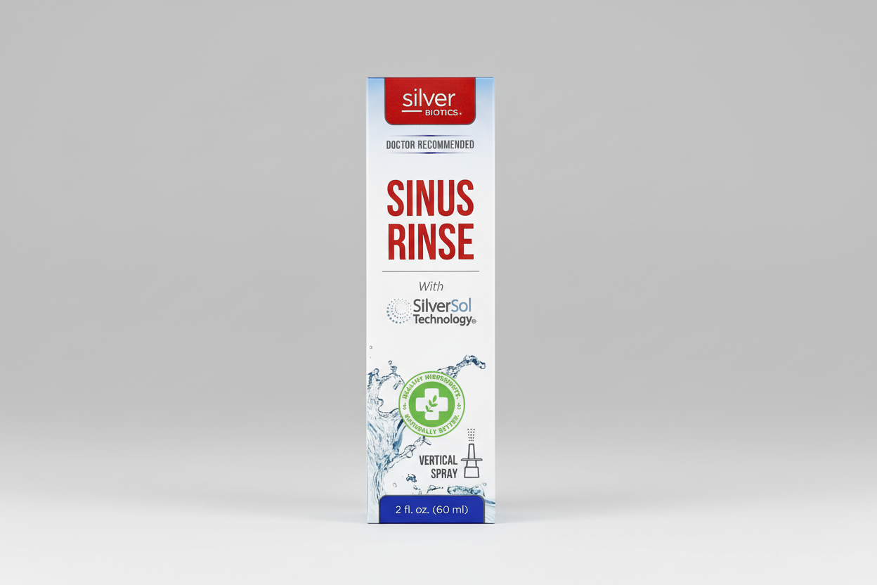 Silver Biotics Sinus Rinse packaging with branding and product details on a white background