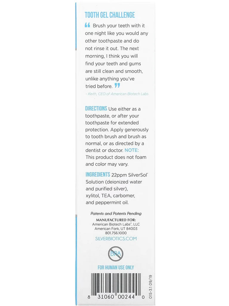 Back label of a tooth gel product with text and a barcode on a white background