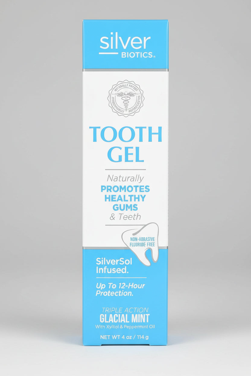 Box of Silver Biotics Tooth Gel with blue and white design on a white background
