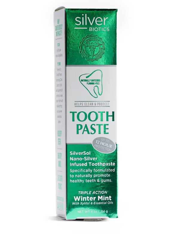 Silver Biotics toothpaste packaging on a white background