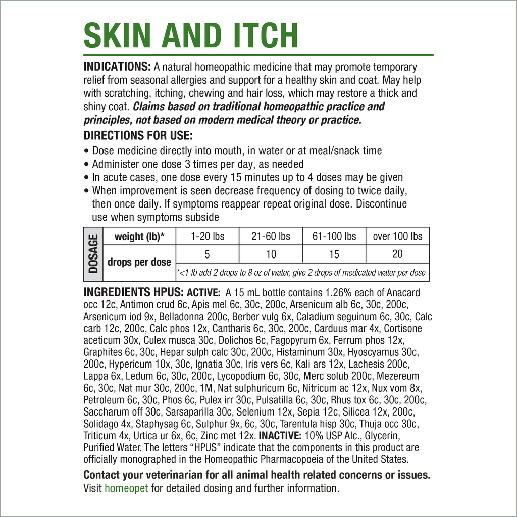 HomeoPet Skin and Itch current manufacturer label, ingredients and directions