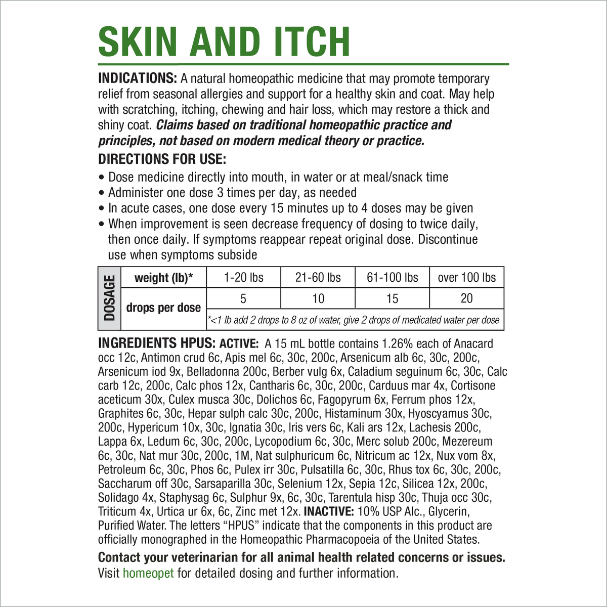 HomeoPet Skin and Itch current manufacturer label, ingredients and directions