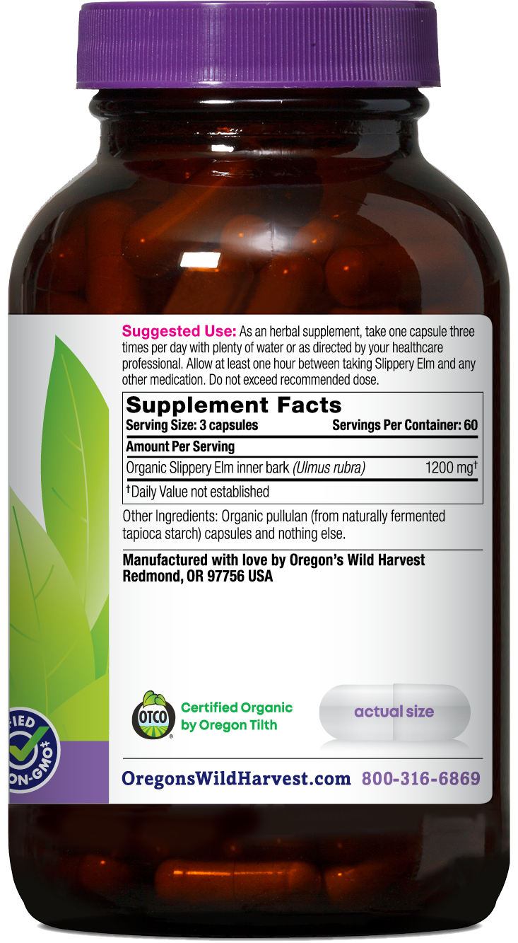 Oregon's Wild Harvest Slippery Elm Organic 180 Capsules right side