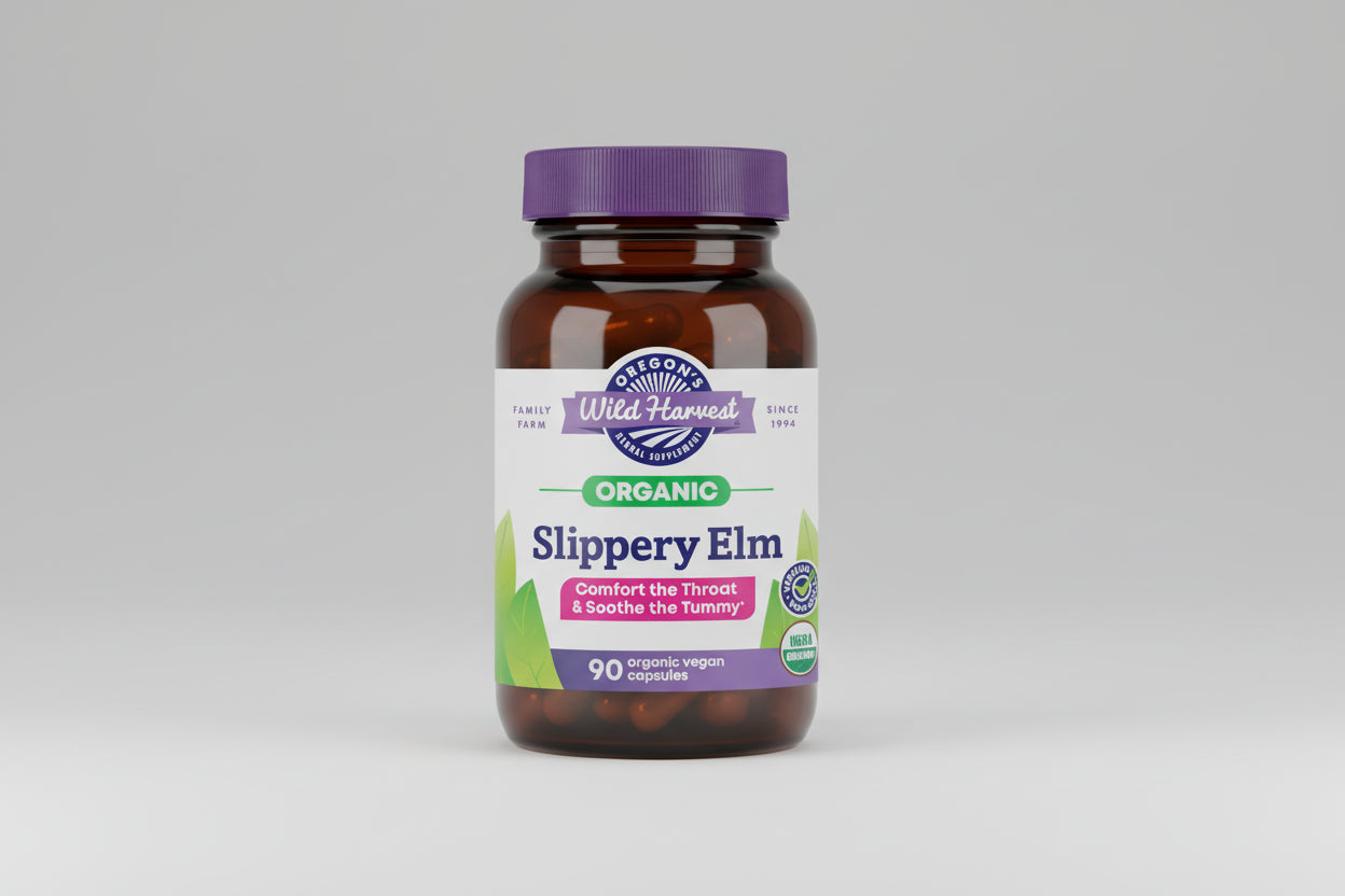 Oregon's Wild Harvest Slippery Elm supplement bottle with purple cap and label.
