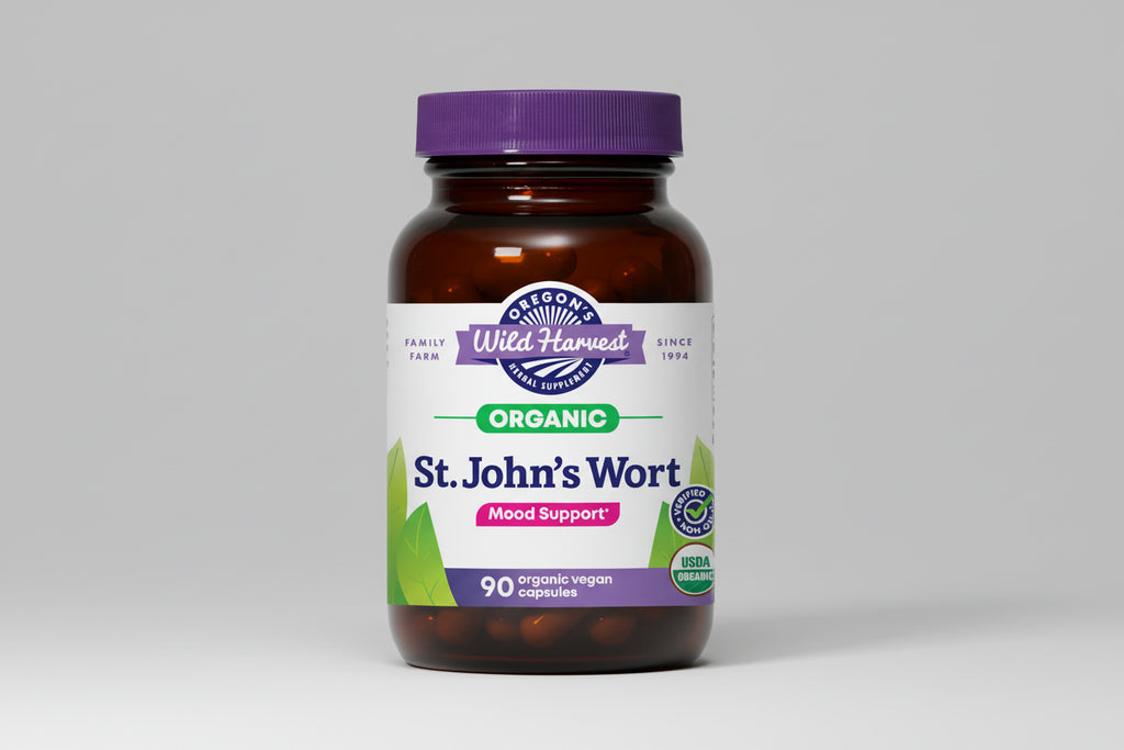 Bottle of Oregon's Wild Harvest St. John's Wort capsules with a purple cap.