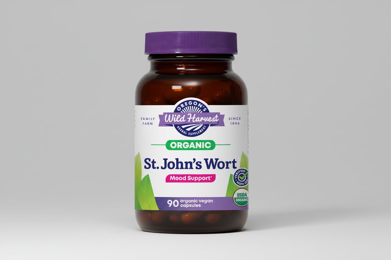 Bottle of Oregon's Wild Harvest St. John's Wort capsules with a purple cap.