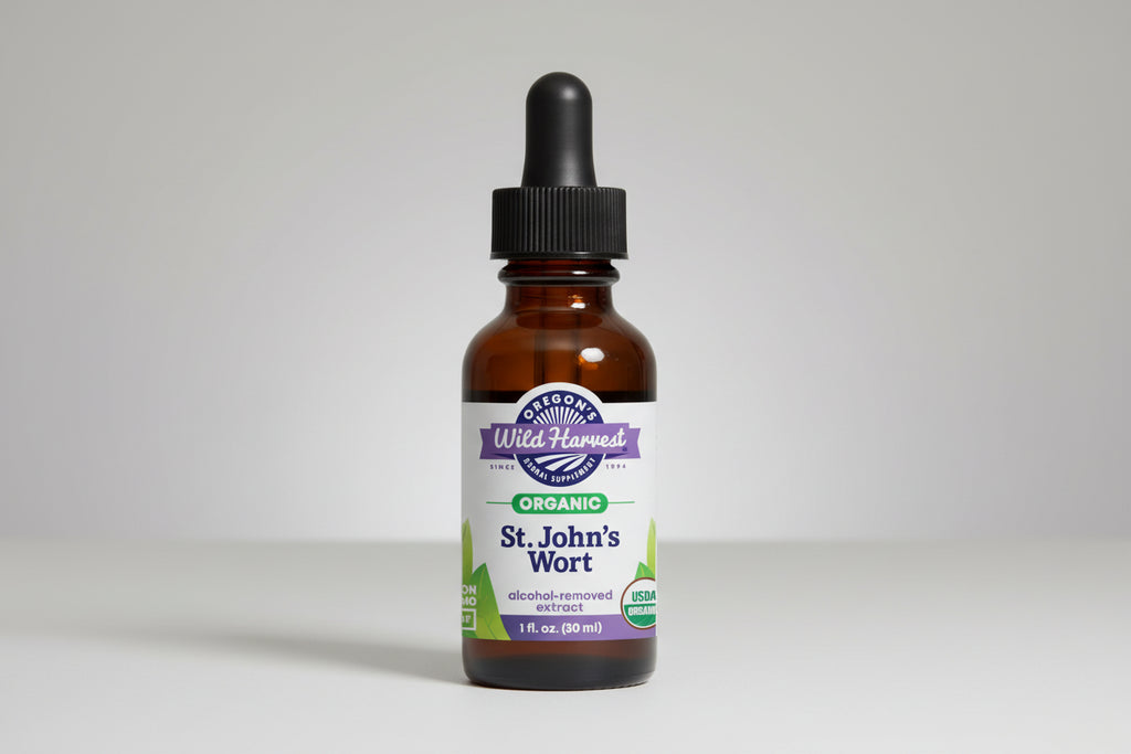 Bottle of Oregon's Wild Harvest St. John's Wort extract on a white background