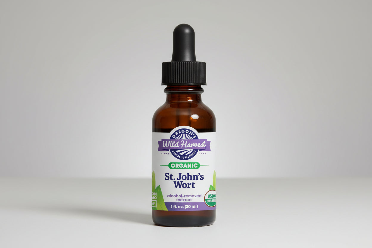 Bottle of Oregon's Wild Harvest St. John's Wort extract on a white background