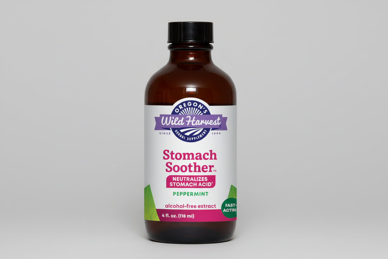 Bottle of Oregon's Wild Harvest Stomach Soother with label on a white background