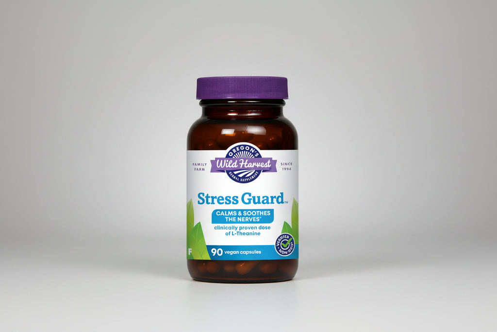 Oregon's Wild Harvest Stress Guard supplement bottle with purple cap and white label.