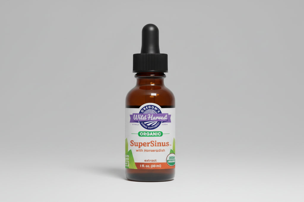 Bottle of Oregon's Wild Harvest SuperSinus extract with a dropper on a white background