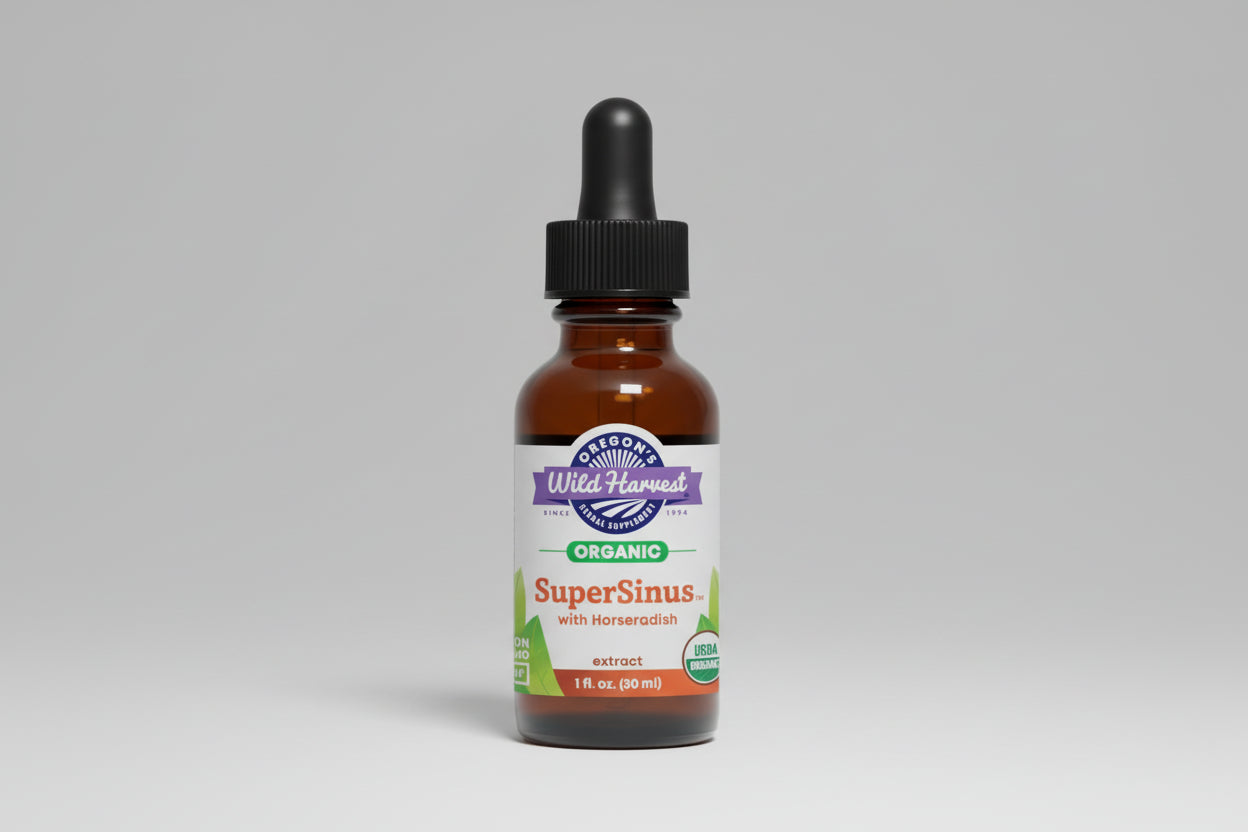 Bottle of Oregon's Wild Harvest SuperSinus extract with a dropper on a white background