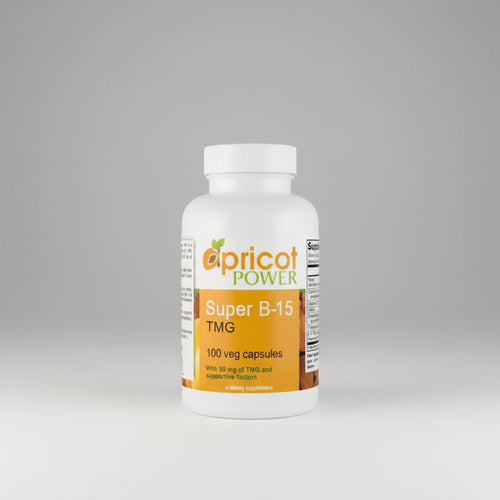 Vitamins bottle labeled 'Apricot Power Super B-15 TMG' on a white background