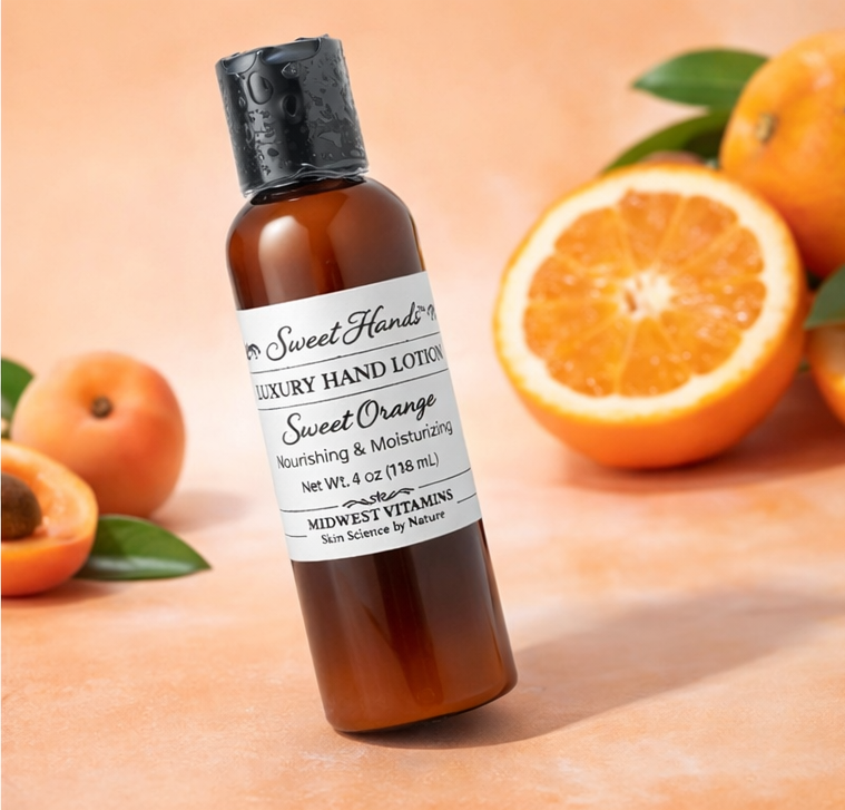 Bottle of Sweet Hands Luxury Hand Lotion with oranges on a peach-colored background