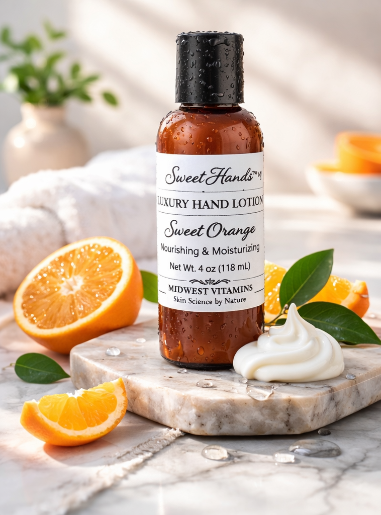 Bottle of Sweet Hands Luxury Hand Lotion with oranges and cream on a marble surface