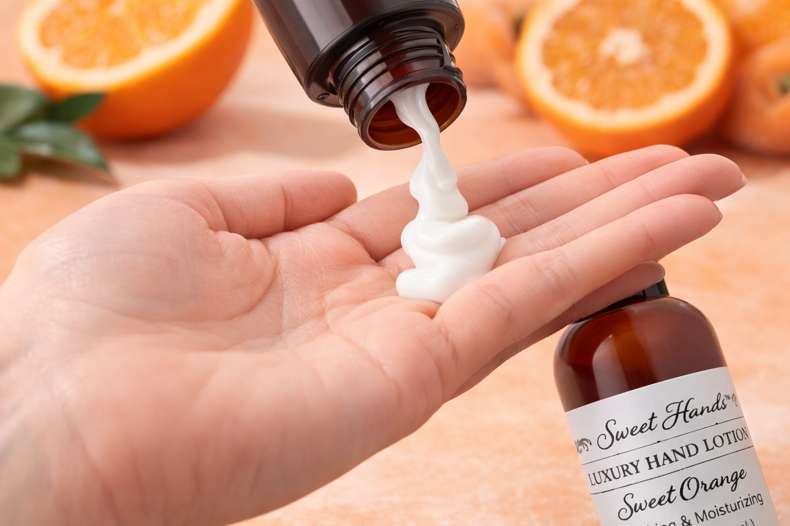 Hand applying Sweet Orange luxury hand lotion with oranges in the background
