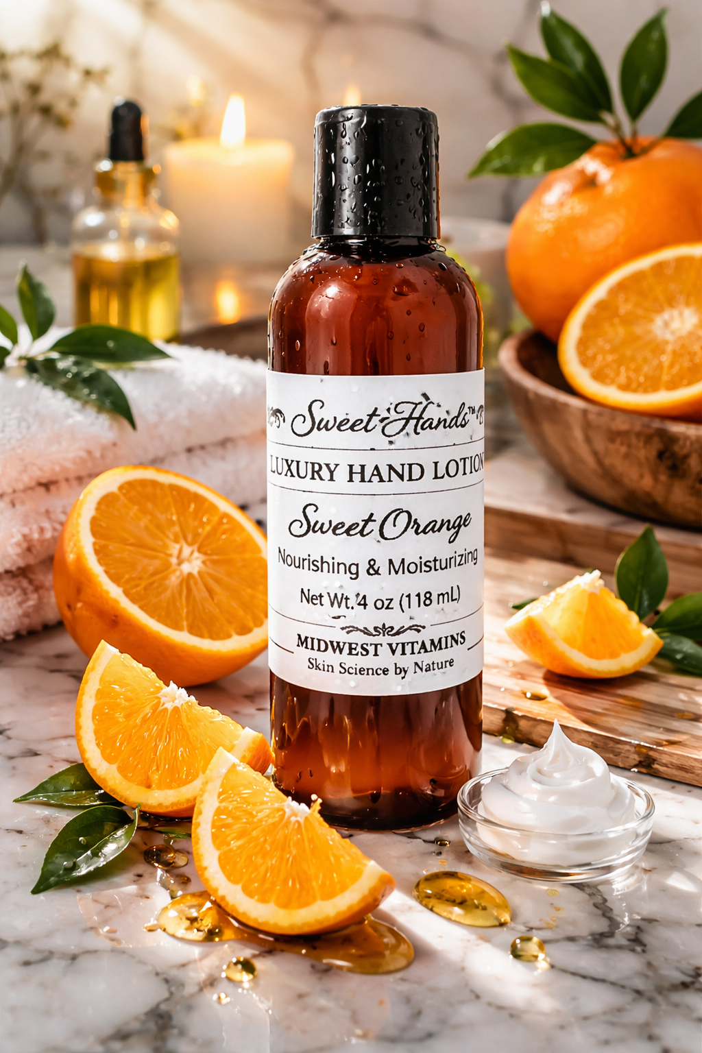 Bottle of Sweet Mandarin Luxury Hand Lotion with oranges and a candle on a marble surface