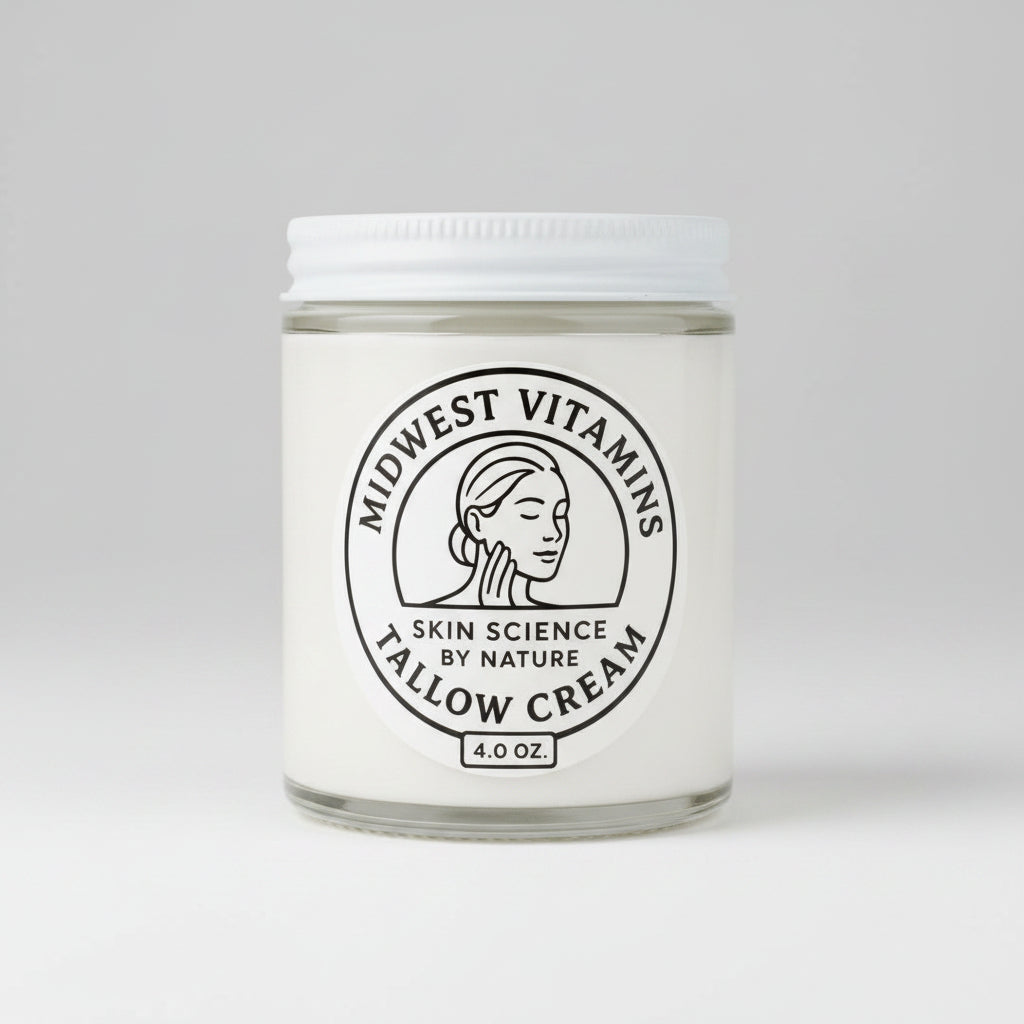 Jar of Midwest Vitamins tallow cream on a wooden surface with a white background