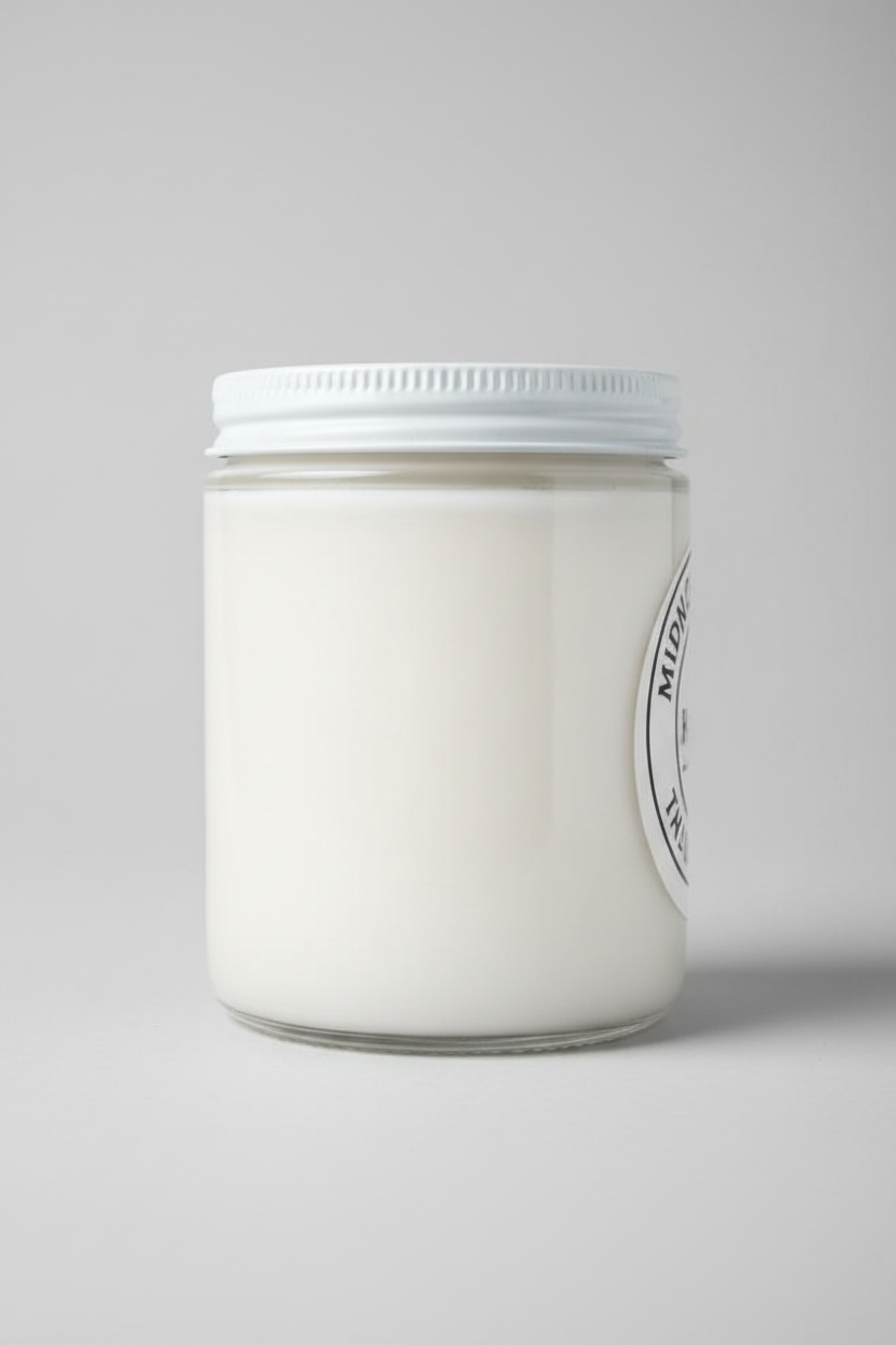 Jar of white powder on a wooden surface with a textured wall background