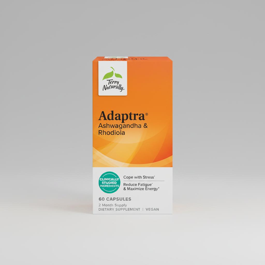 Terry Naturally Adaptra supplement box with orange and white design on a green background