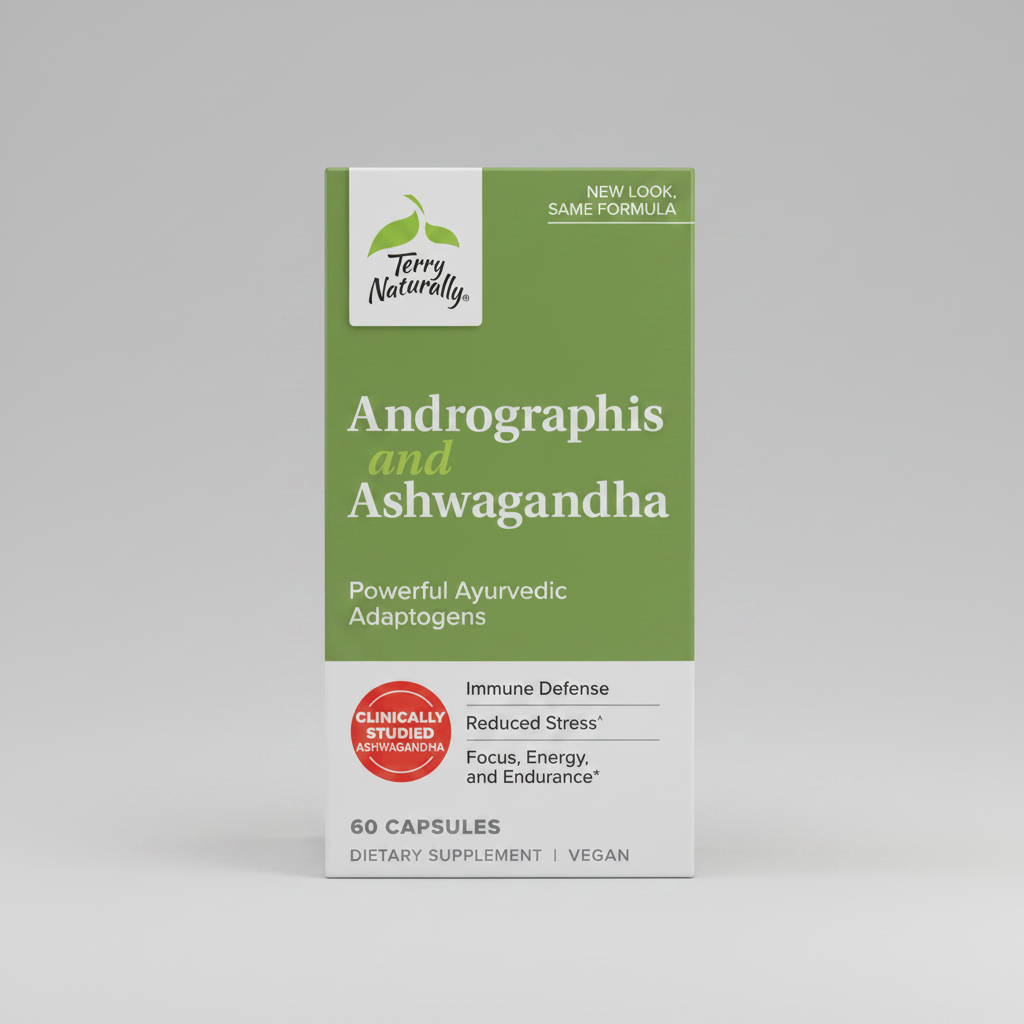 Terry Naturally Andrographis and Ashwagandha supplement packaging on a green background