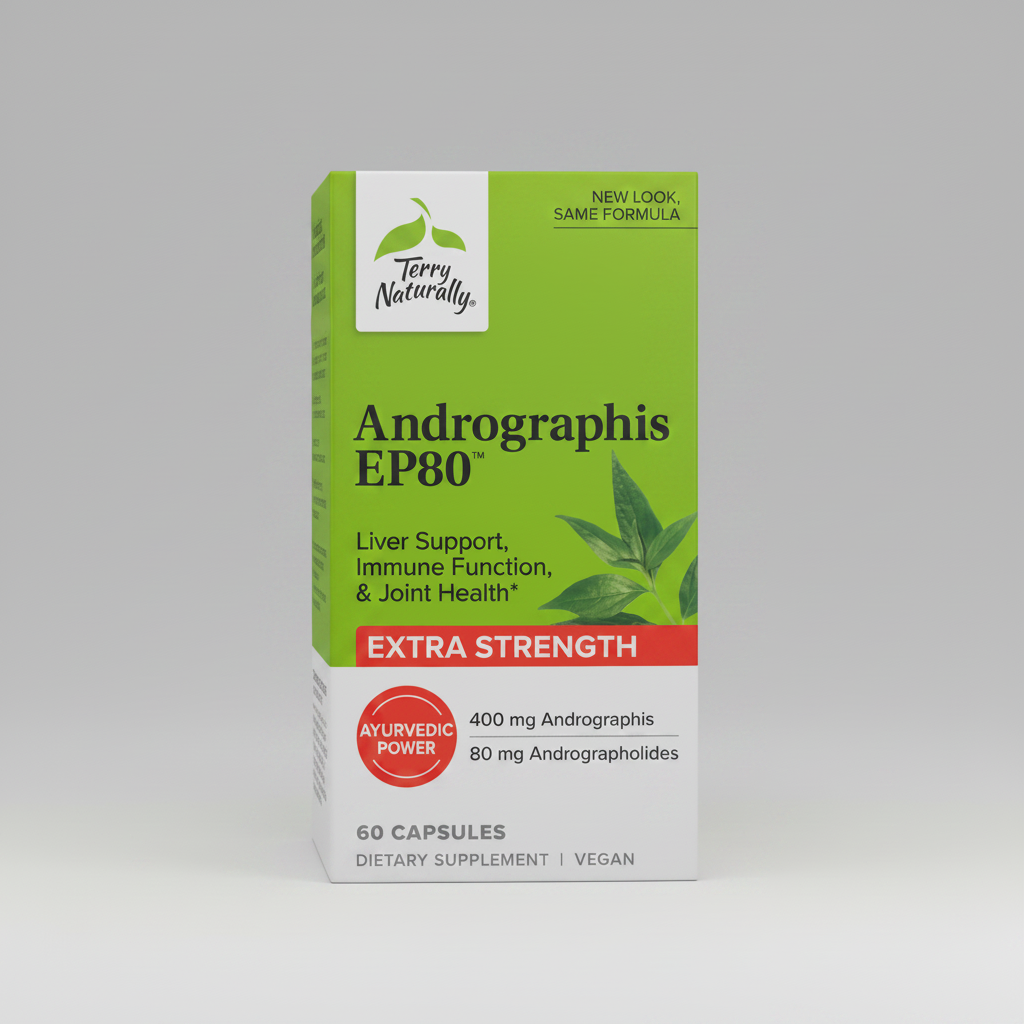 Terry Naturally Andrographis EP80 supplement box on a green background