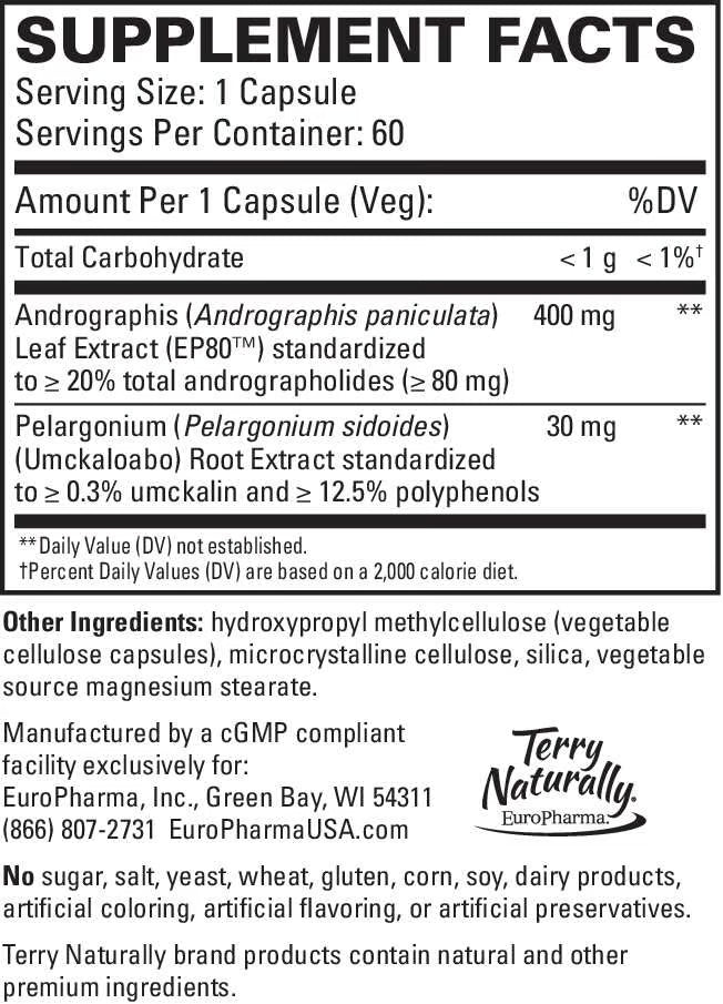 Supplement facts label for a product containing Andrographis and Pelargonium extracts, with branding information for Terry Naturally.