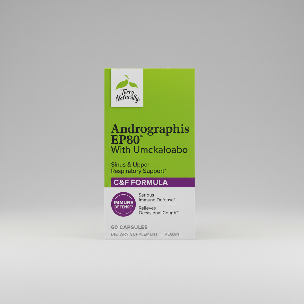 Terry Naturally Andrographis EP80 with Umckaloabo supplement packaging on a green background