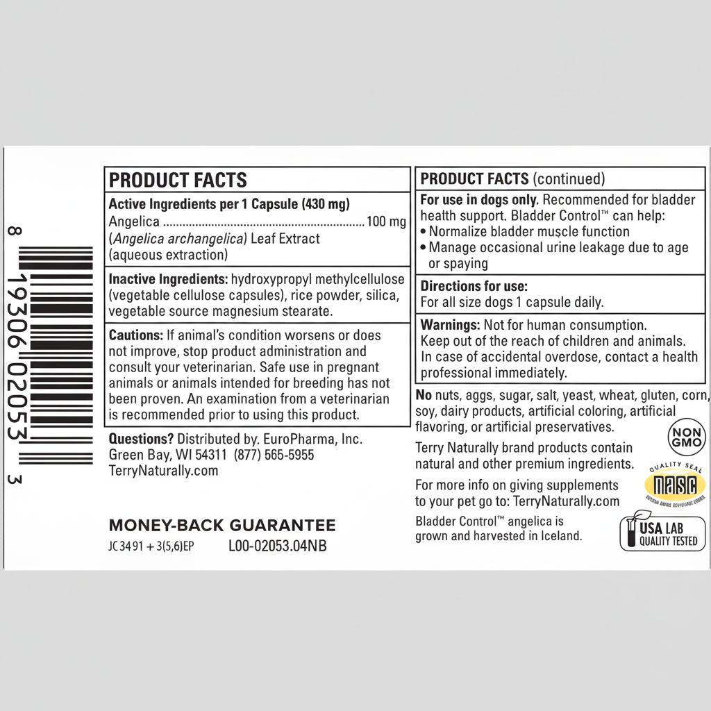 Product label with text and a barcode on a white background