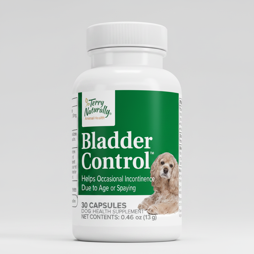 Bottle of Terry Naturally Bladder Control supplement for dogs on a green background
