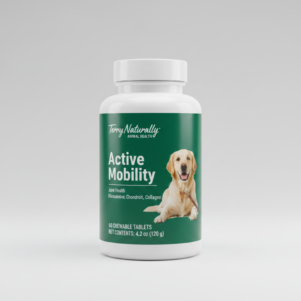Bottle of Terry Naturally Active Mobility supplement for dogs on a gray background