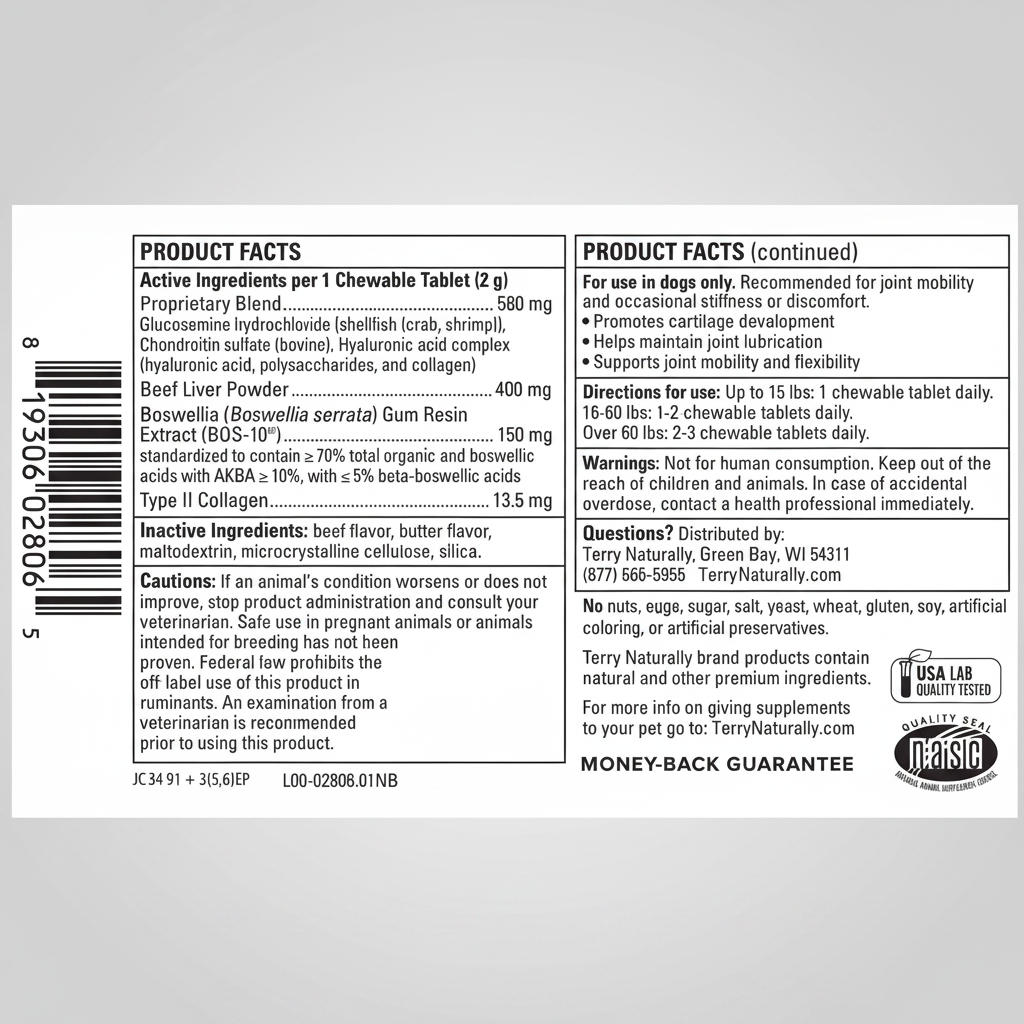 Product label with text and a barcode on a gray background
