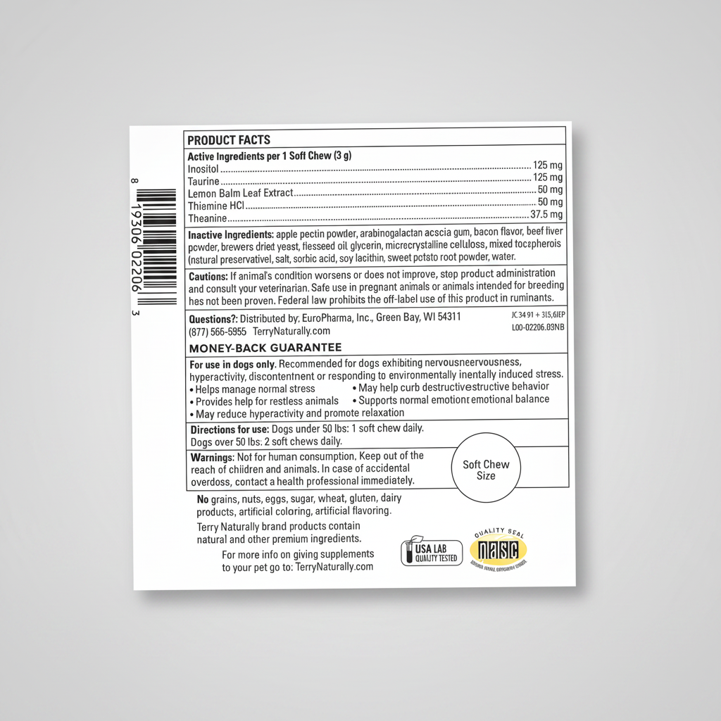Product label with text and a barcode on a gray background