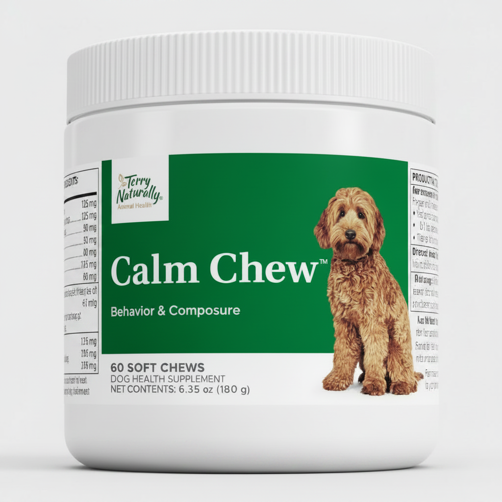 Terry Naturally Calm Chew dog supplement container with a dog on the label against a green background