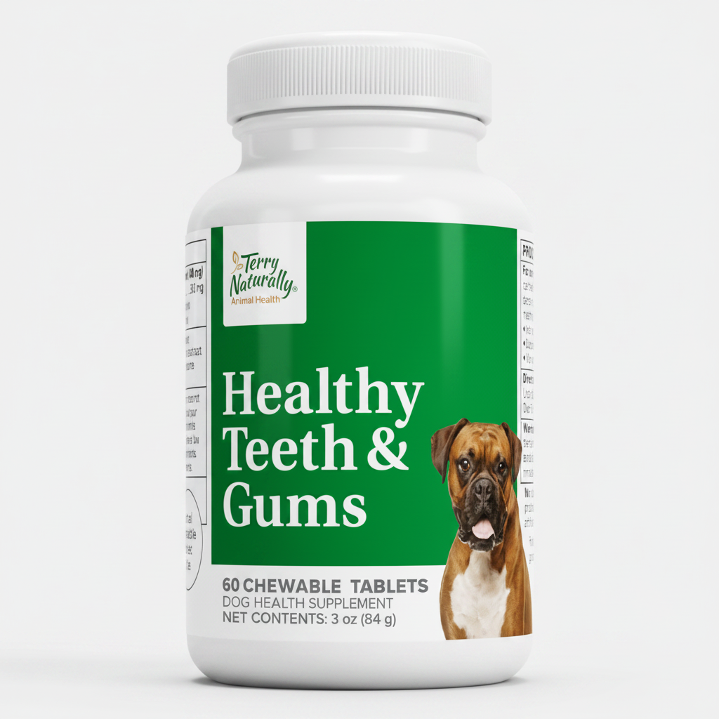 Dog health supplement bottle for healthy teeth and gums on a white background