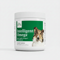 Jar of Terry Naturally Intelligent Omega dog supplement on a white background