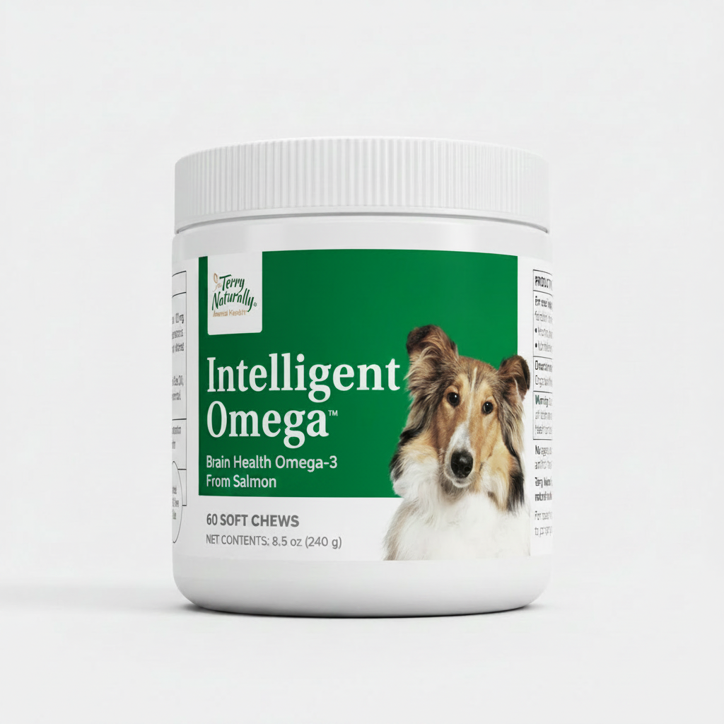 Jar of Terry Naturally Intelligent Omega dog supplement on a white background