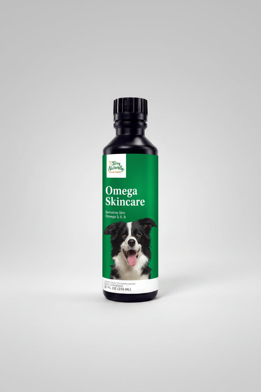 Bottle of Terry Naturally Omega Skincare for dogs on a white background