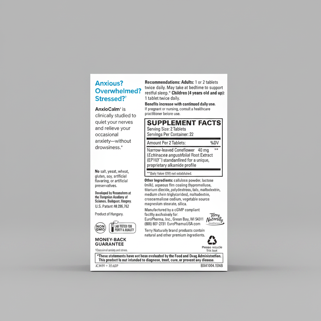 Supplement label for Anxiocalm on a green background