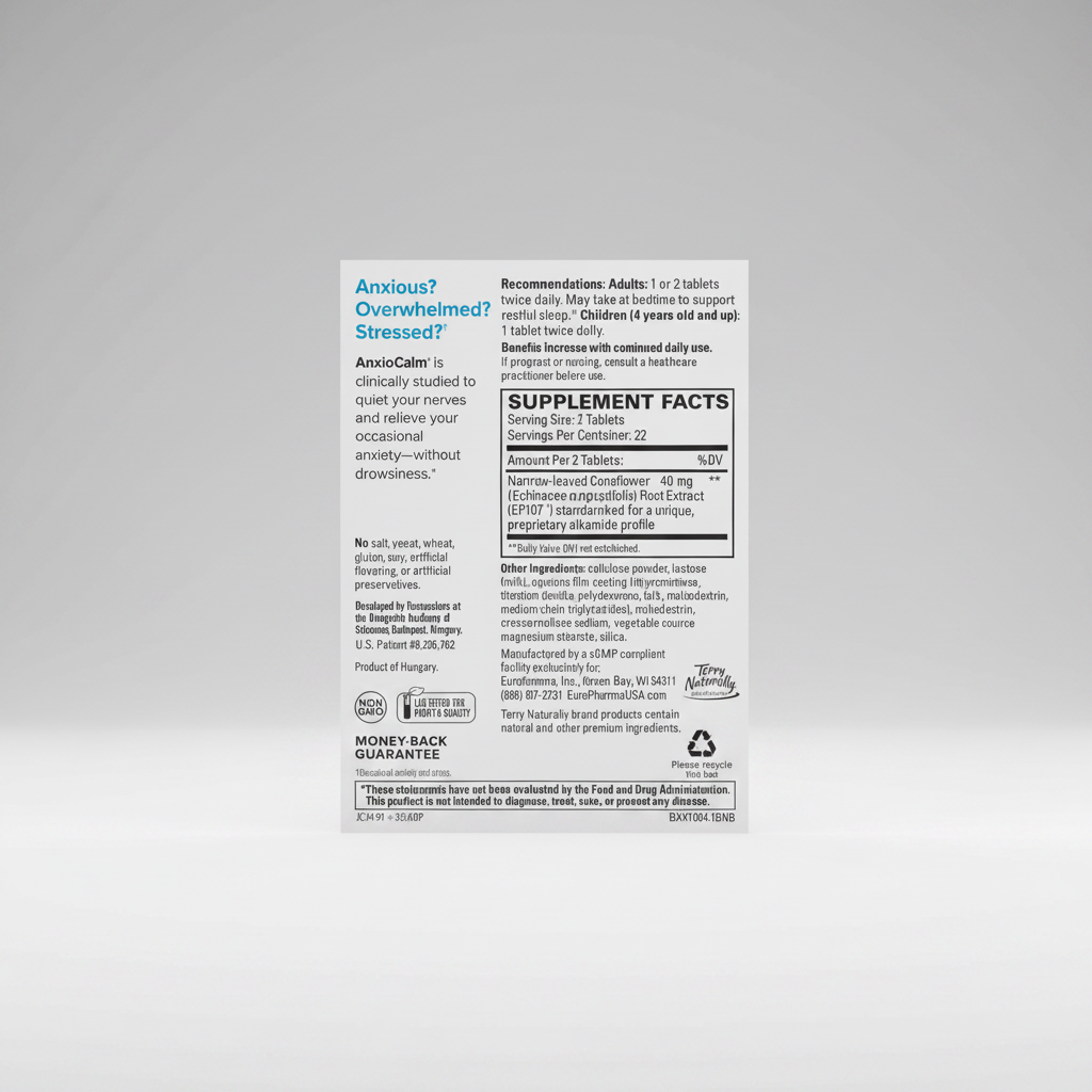 Supplement label for Anxiocalm on a green background