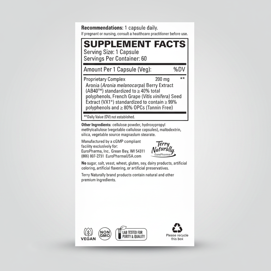 Supplement label with detailed nutritional information on a white background