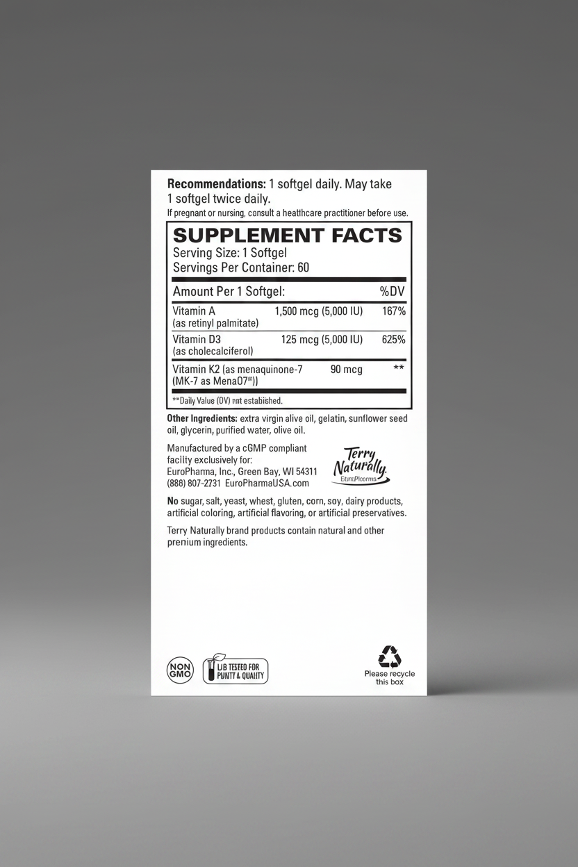 Supplement label with Terry Naturally branding on a green background