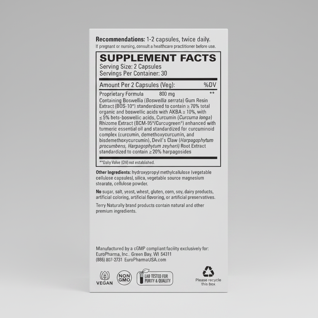 Supplement label with text and icons on a white background