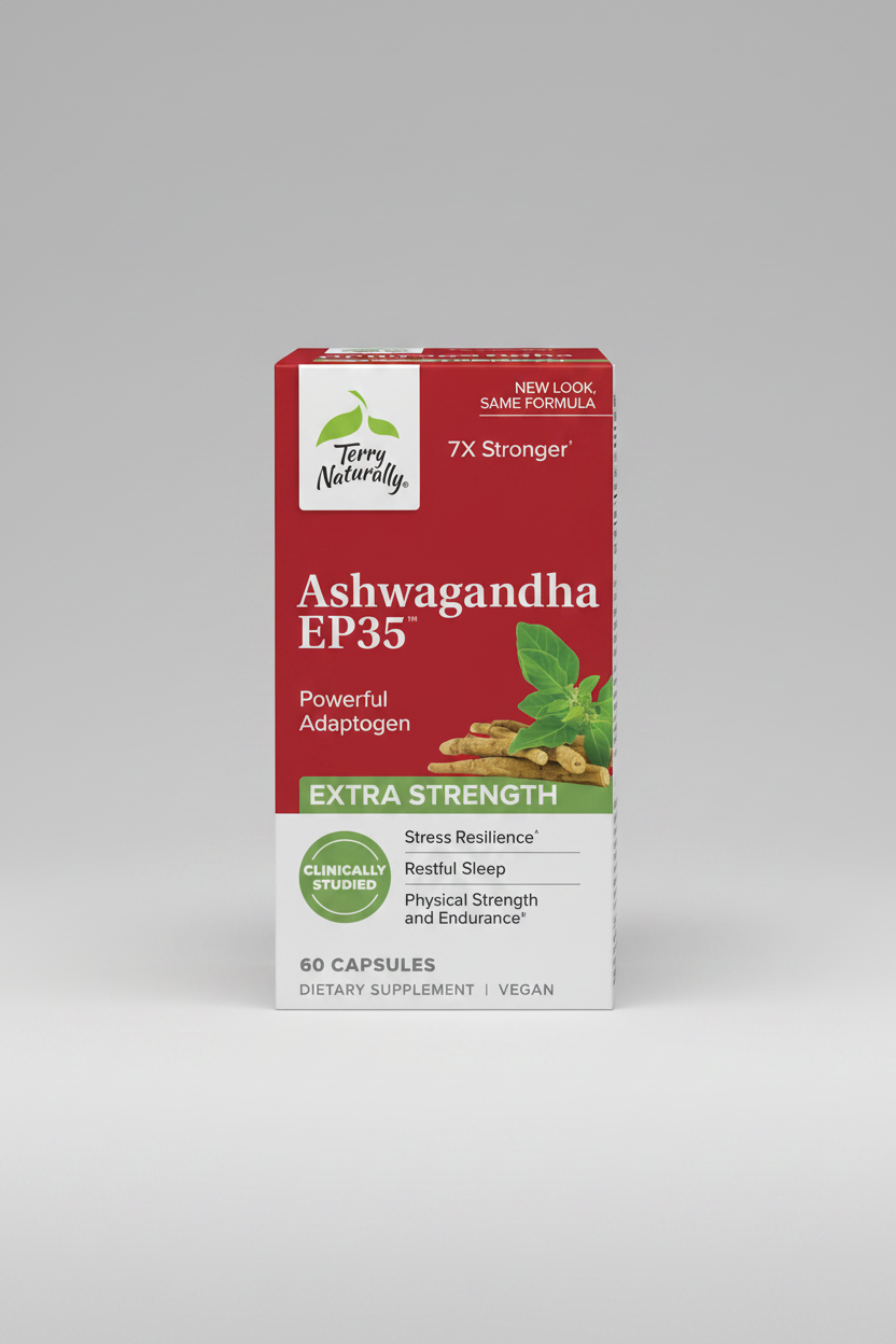 Box of Terry Naturally Ashwagandha EP35 supplement on a green background
