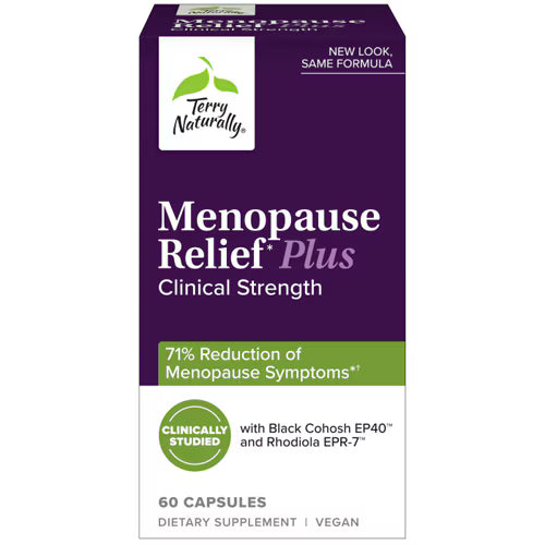 Terry Naturally Menopause Relief Plus supplement box on a white background